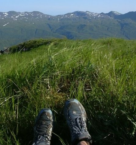 someone's shoes in a meadow on top of a mountain